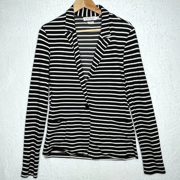 Velvet by Graham Spencer Knit Blazer Black White Stripe One Button Size M - Picture 1 of 9